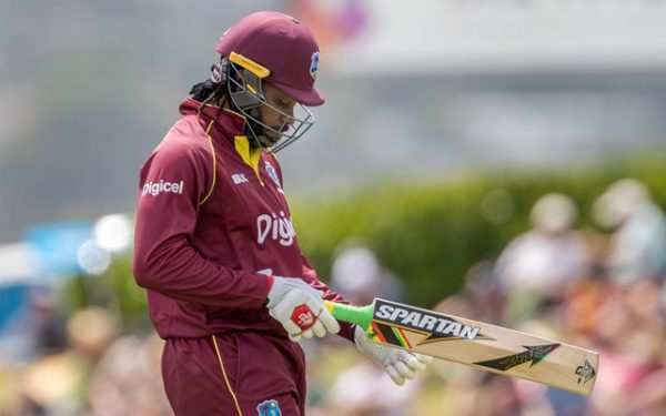 Chris Gayle of West Indies leaves the field after being caught. (Photo by Dave Rowland/Getty Images)