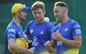 Chennai Super Kings player Faf du Plessis, Mark Wood, and David Willey during a practice session in Mohali. (Photo by Surjeet Yadav/IANS)