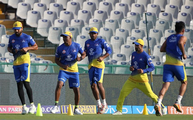 Chennai Super Kings players during a practice session. (Photo: Surjeet Yadav/IANS)