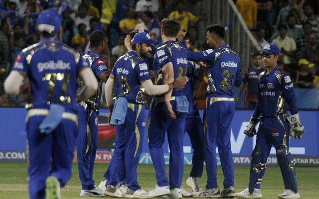 Mumbai Indians’ celebrate fall of MS Dhoni’s wicket. (Photo by IANS)