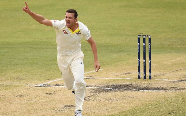 Josh Hazlewood of Australia celebrates after taking the wicket of Jonny Bairstow. (Photo by Quinn Rooney/Getty Images)