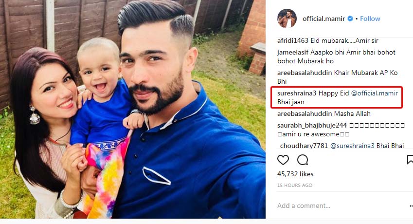 Suresh Raina wishes Amir on the latter’s Instagram post. (Photo Source: Instagram)