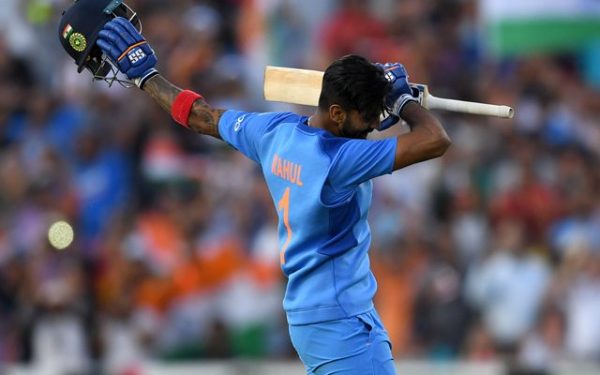 KL Rahul of India celebrates reaching his century. (Photo by Gareth Copley/Getty Images)