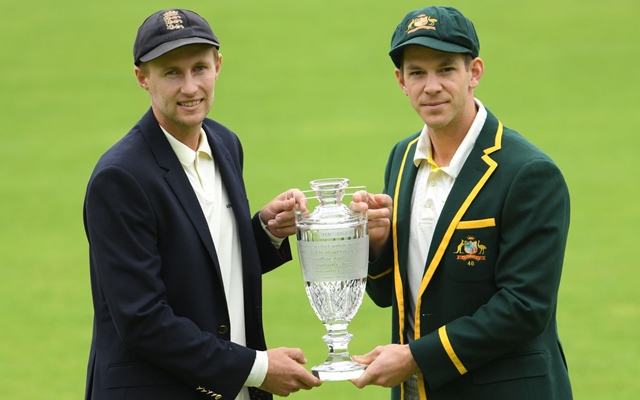 England captain Joe Root (l) and Australia captain Tim Paine pictured with the Ashes trophy. (Photo by Stu Forster/Getty Images)