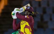 Chris Gayle of West Indies hits 6. (Photo by RANDY BROOKS/AFP via Getty Images)