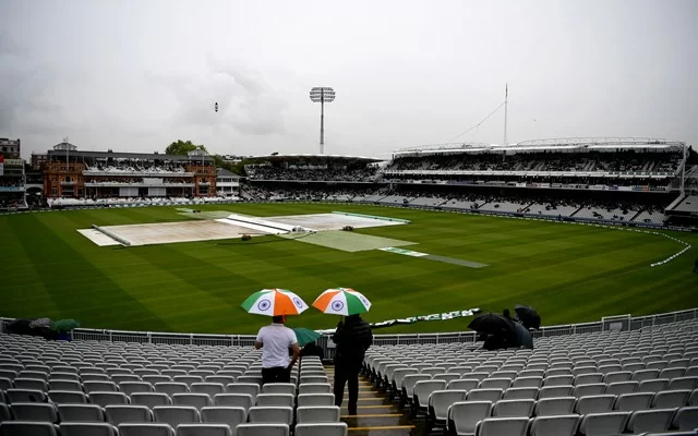 A general view inside the stadium as the rain covers are out. (Photo by Gareth Copley/Getty Images)