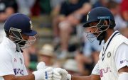 Ajinkya Rahane and Cheteshwar Pujara. (Photo by IAN KINGTON/AFP via Getty Images)