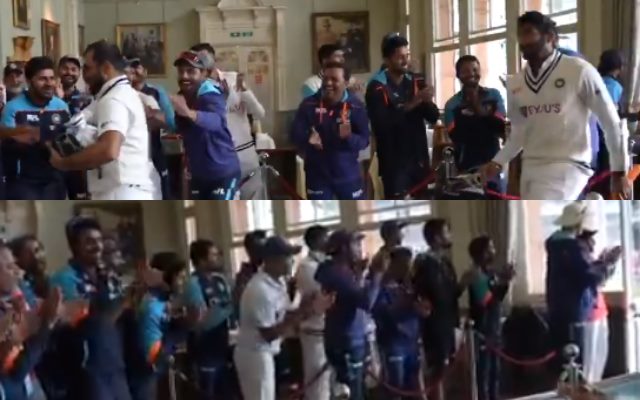 Indian players congratulating Mohammed Shami and Jasprit Bumrah. (Photo Source: Twitter)