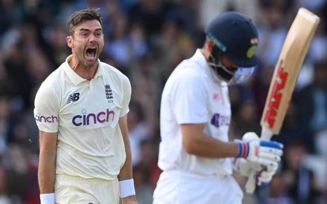 James Anderson celebrates taking the wicket of Virat Kohli. (Photo by Michael Steele/Michael Steele/Getty Images)