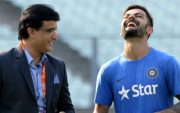 India’s Virat Kohli(R)and former captain Saurav Ganguly (Photo credit should read STR/AFP/Getty Images)