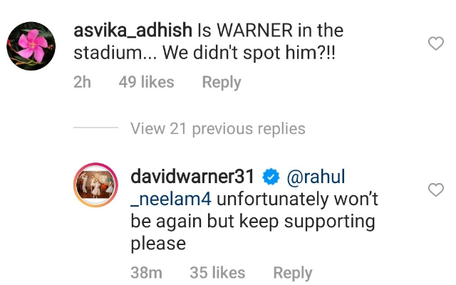 David Warner comment. (Photo Source: Instagram)