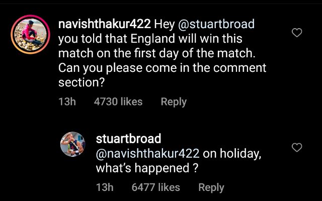 Stuart Broad comment. (Photo Source: Instagram)