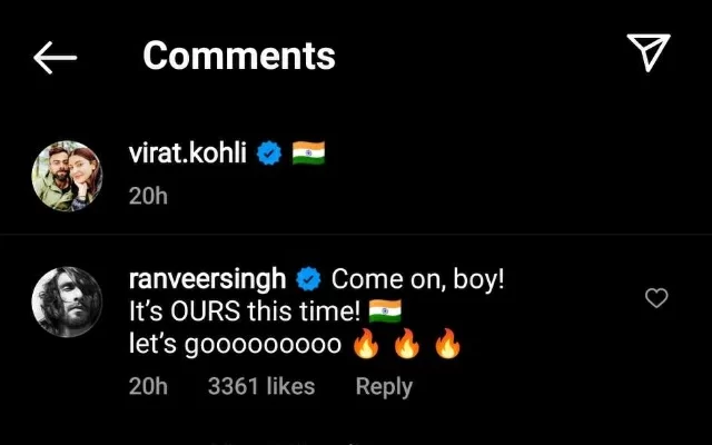 Ranveer Singh comment. (Photo Source: Instagram)