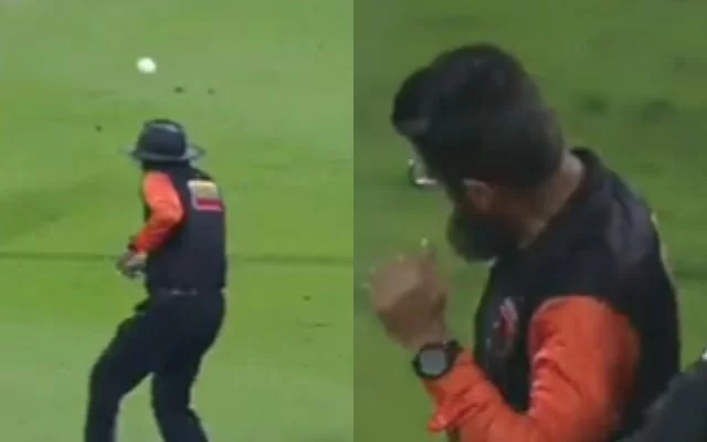 Umpire Aleem Dar getting hit by a ball. (Photo Source: Twitter)