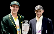 Pat Cummins and Joe Root. (Photo by Bradley Kanaris/Getty Images for Cricket Australia)