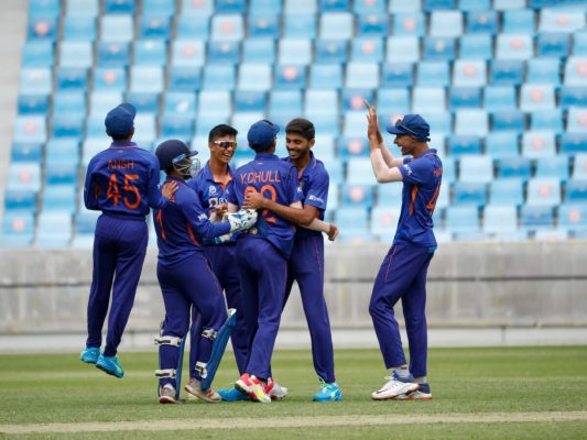 Vicky Ostwal celebrating with his India U-19 teammates. (Photo Source: Twitter)