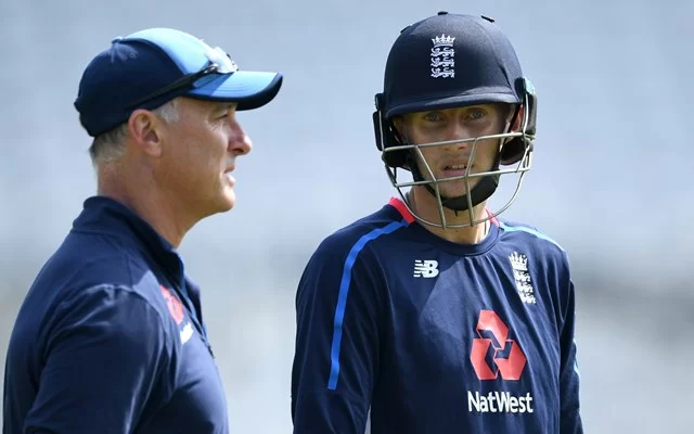 Joe Root of England speaks with coach Graham Thorpe during a nets session at Trent Bridge on July 11, 2018 in Nottingham, England. (Photo by Gareth Copley/Getty Images)