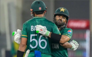 Babar Azam and Mohammad Rizwan. (Photo by AAMIR QURESHI/AFP via Getty Images)