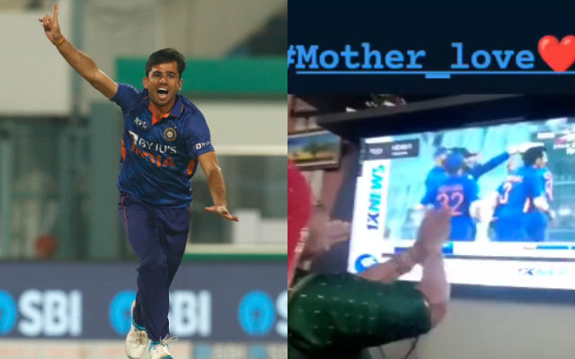 Mother of Ravi Bishnoi celebrates his first wicket. (Photo Source: Twitter)