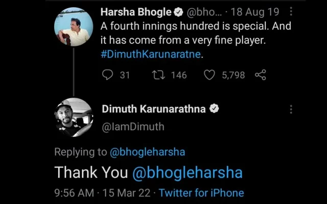Dimuth Karunarathna’s reply to Harsha Bhogle’s post. (Photo Source: Twitter)