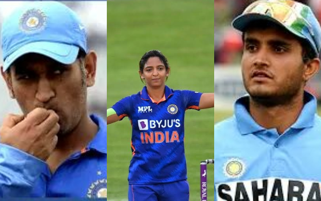 MS Dhoni, Harmanpreet Kaur and Saurav Ganguly (Pic Source-Twitter)