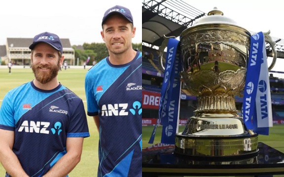 Kane Williamson, Tim Southee and IPL trophy (Image Source: NZC/BCCI)