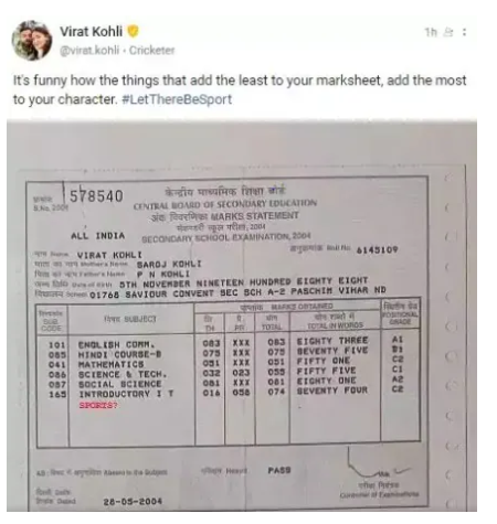 Virat Kohli Marksheet (Pic Source-Twitter)