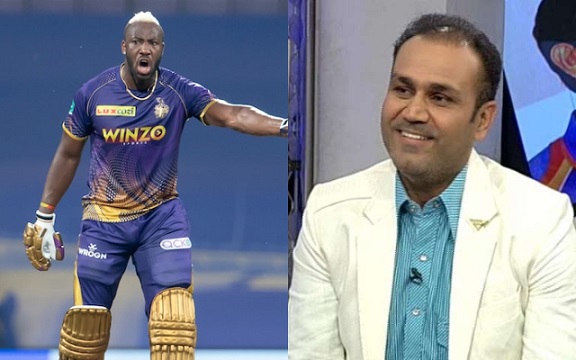 Andre Russell and Virender Sehwag (Image Source: IPL/BCCI)