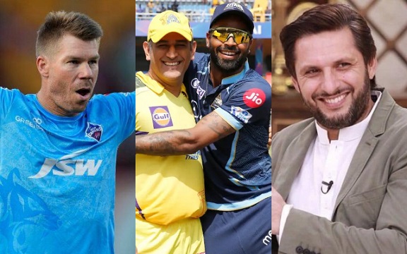 Warner, Dhoni-Pandya and Afridi. (Image Source: DC/BCCI-IPL/YouTube)