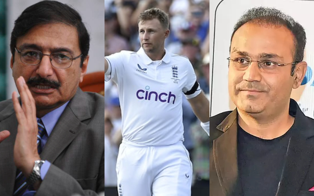 Zaka Ashraf, Joe Root and Virender Sehwag. (Image Source: Twitter/Getty Images)