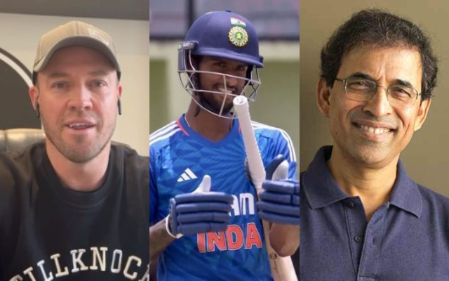 AB de Villiers, Tilak Varma and Harsha Bhogle. (Image Source: Instagrma/Twitter)