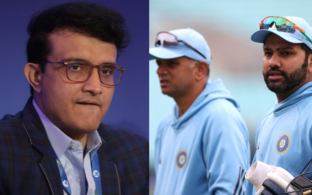 Sourav Ganguly, Rahul Dravid and Rohit Sharma. (Image Source: BCCI/Getty Images)
