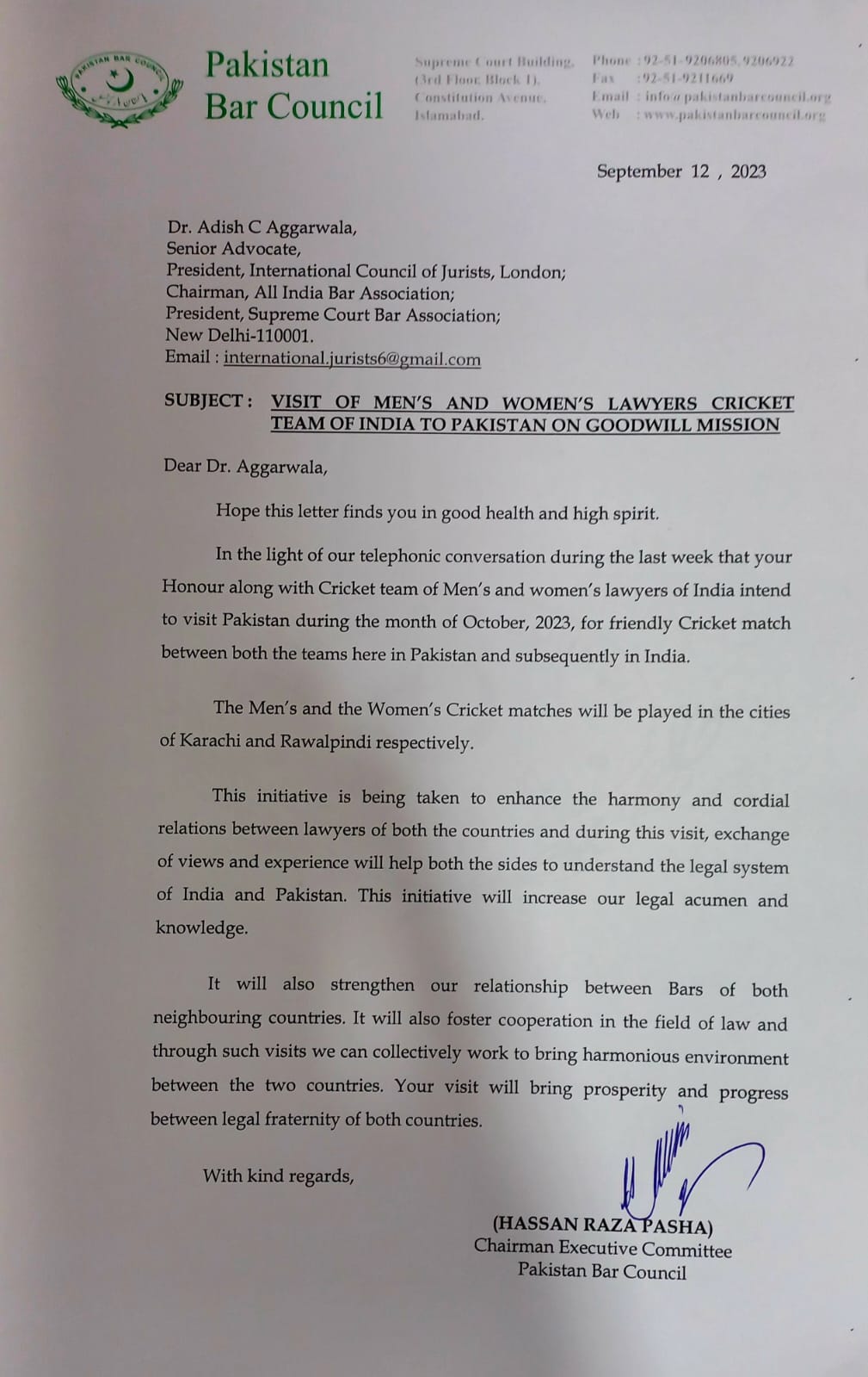Pakistan Bar Council Letter. (Image Source: ANI)