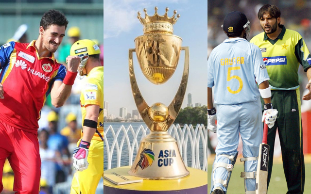 Mitchell Starc, Asia Cup Trophy and Afridi-Gambhir. (Image Source: Twitter)