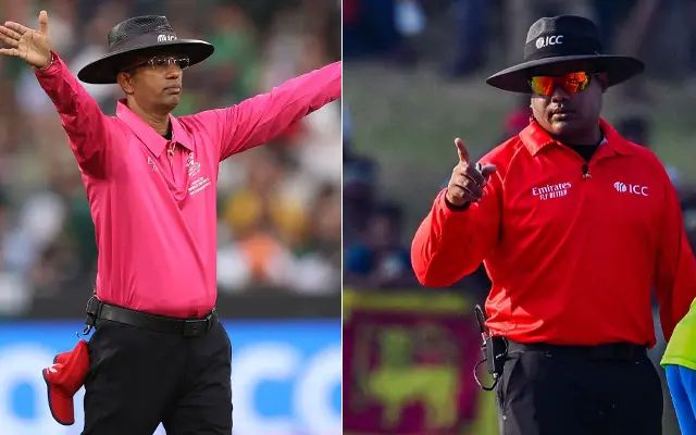 Kumar Dharmasena and Nitin Menon. (Photo Source: Mark Kolbe/Getty Images and ISHARA S. KODIKARA/AFP via Getty Images)