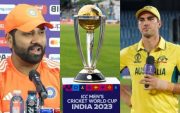 Rohit Sharma, World Cup Trophy and Pat Cummins. (Image Source: ICC)