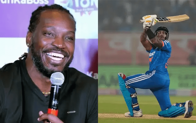 Chris Gayle and Suryakumar Yadav. (Image Source: X)