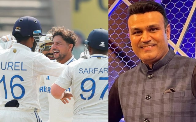 Kuldeep Yadav and Virender Sehwag. (Image Source: X)