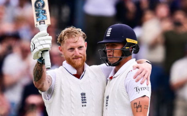 Ben Stokes celebrating after the century (image via X)