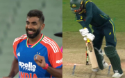 AUS vs IND 2025: Jasprit Bumrah bowls a fast yorker to Matthew Short (image via X)