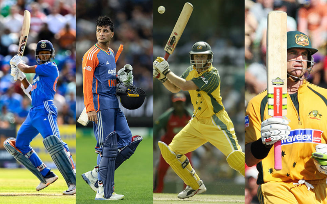 Yashasvi Jaiswal, Abhishek Sharma, Matthew Hayden, Adam Gilchrist (from left to right) (image via getty)