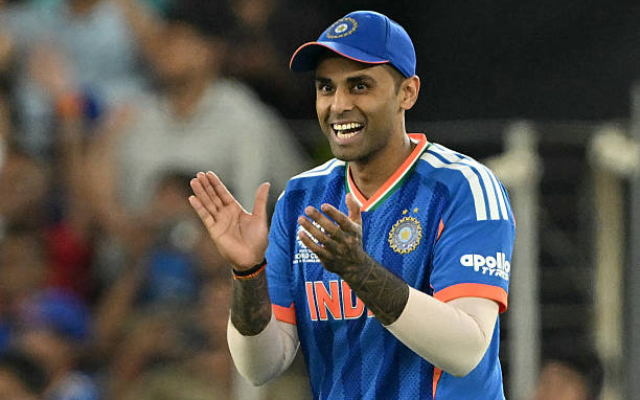 Suryakumar Yadav reacts after getting snubbed from India's squad (image via getty)