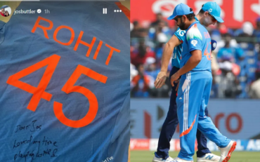 Jos Buttler receives Rohit Sharma's signed jersey (image via X)
