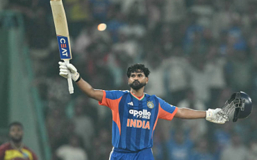 Shreyas Iyer Smashes 42-Ball Century Against West Indies, Surpasses Virat Kohli’s T20I Record (image via getty)